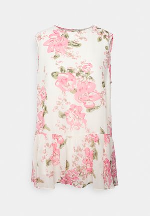 Vestido sem mangas floral em branco, com rosas cor-de-rosa e detalhes verdes. Design evasé com bainha com babados, feito de tecido leve.