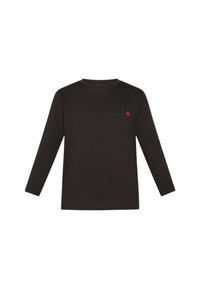 Maglietta nera a maniche lunghe in morbido cotone, con un piccolo emblema rosso sul lato sinistro. Design semplice con collo tondo.