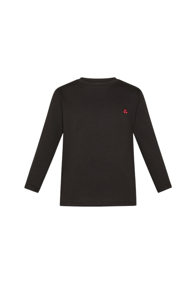 Maglietta nera a maniche lunghe in morbido cotone, con un piccolo emblema rosso sul lato sinistro. Design semplice con collo tondo.