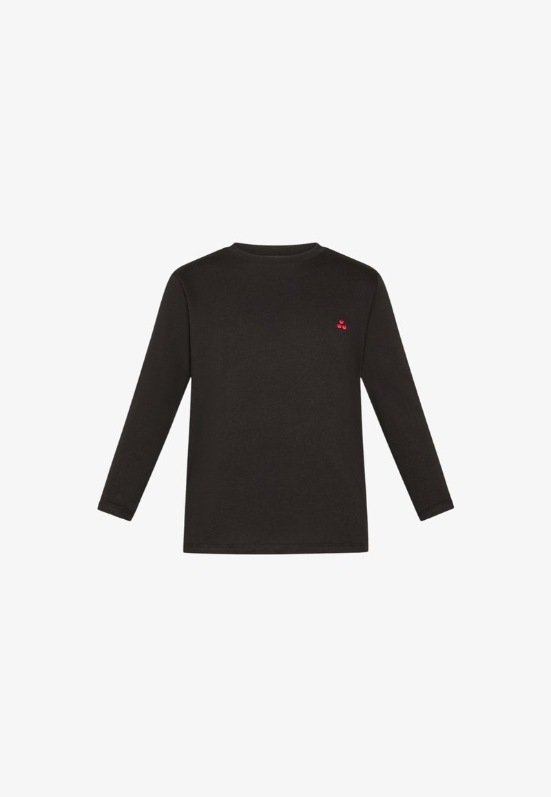 Maglietta nera a maniche lunghe in morbido cotone, con un piccolo emblema rosso sul lato sinistro. Design semplice con collo tondo.