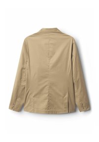 Beige pamut blazer, gallérral, hosszú ujjakkal és három gombos díszítéssel az ujjakon; középen hátsó varrással és oldalsó szellőzőkkel rendelkezik.