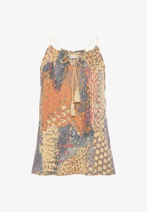 Ontspannen, mouwloze top met een multicolore abstracte dierenprint, voorzien van een gestrikte halslijn en franjes. Lichtgewicht stof met een casual vallende snit.