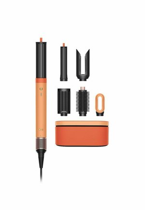 Oranje en zwarte multifunctionele haarstylingsapparaat met vijf afneembare opzetstukken en een bijpassende oranje opberghoes.