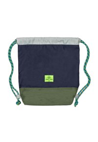 Fűzőzsák sötétkék, világosszürke és olívazöld panelekből. Jellemzője a textúrált anyag és a sokszínű zsinórpántok. Kis logó a középen.