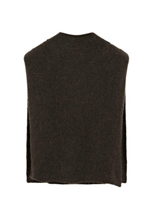 Mørkebrun uldblandings sjal med en blød, struktureret finish. Åbent design uden lukninger, med en bred skæring til drapering.