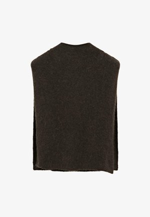 Mörkbrun ullblandning sjal med mjuk, texturerad yta. Öppen design utan knäppningar, med en vid skärning för drapering.