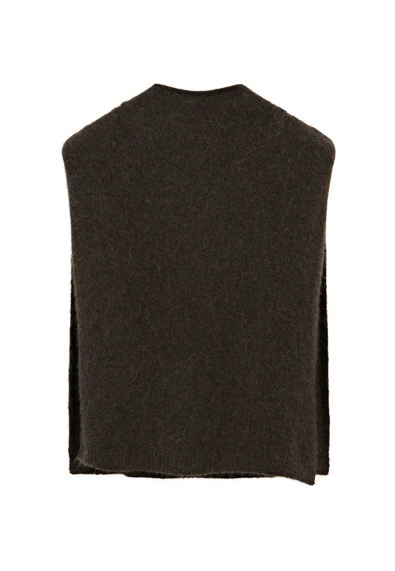 Mørkebrun uldblandings sjal med en blød, struktureret finish. Åbent design uden lukninger, med en bred skæring til drapering.