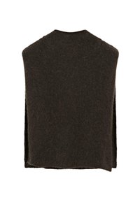 Sciarpa in misto lana marrone scuro, con una finitura morbida e testurizzata. Design aperto senza chiusure, caratterizzata da un taglio ampio per un effetto drappeggiato.