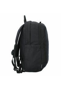 Zaino nero con tessuto strutturato, dotato di spallacci imbottiti, tasca laterale e chiusura con zip. Design compatto ed essenziale.
