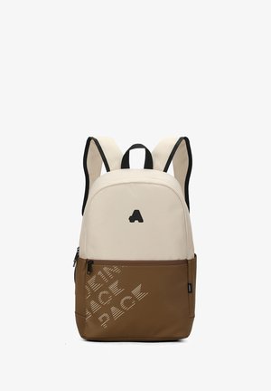 Backpack with a cream top section and brown bottom. Features a logo on the front, a zipper, and printed text in a diagonal pattern.