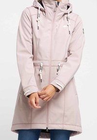 Light pink, knee-length coat with a hood, adjustable drawstrings, front zipper, and side pockets; features white stitching and hardware accents.