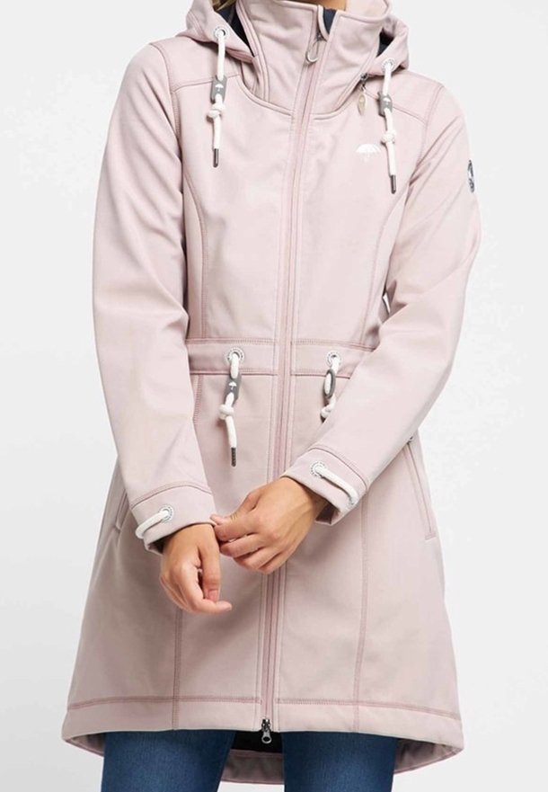 Light pink, knee-length coat with a hood, adjustable drawstrings, front zipper, and side pockets; features white stitching and hardware accents.