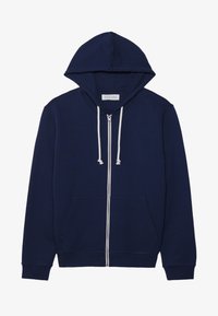 Mörkblå zip hoodie tillverkad av mjuk bomullsblandning, med en framficka, vita dragsnören och ribbade ärmslut.