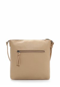 Beige leather crossbody bag with a textured finish, featuring a front zip pocket and a detachable strap. Simple and rectangular shape.