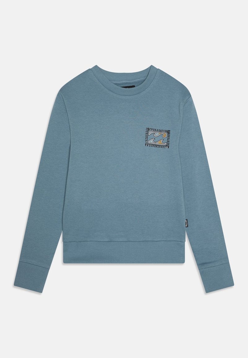 Sweatshirt bleu avec un col rond, des poignets côtelés et une poche avant arborant un design de vague. Fabriqué en tissu doux et texturé.