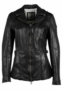 Schwarze Lederjacke mit Reißverschluss vorne, Reißverschlusstaschen und Druckknopfakzenten. Hat eine strukturierte Oberfläche und eine taillierte Silhouette.