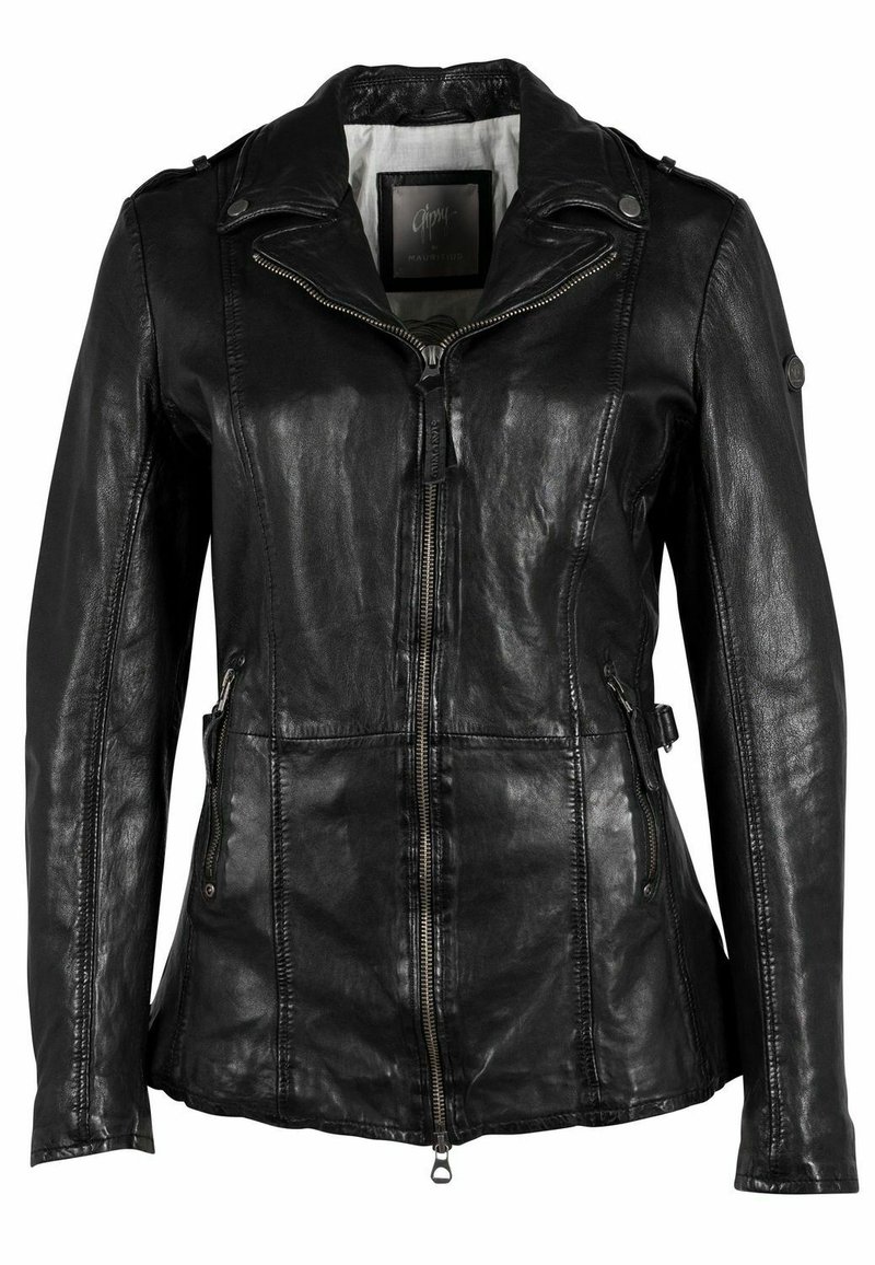 Schwarze Lederjacke mit Reißverschluss vorne, Reißverschlusstaschen und Druckknopfakzenten. Hat eine strukturierte Oberfläche und eine taillierte Silhouette.