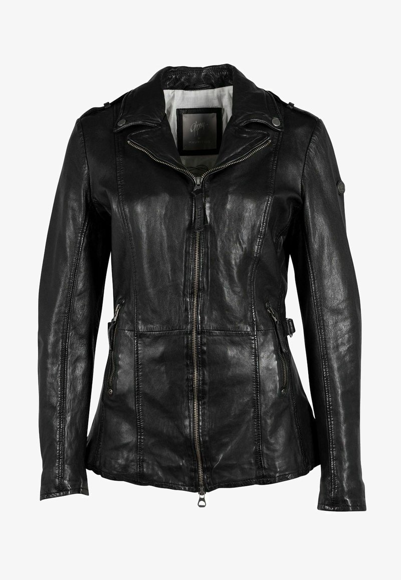 Schwarze Lederjacke mit Reißverschluss vorne, Reißverschlusstaschen und Druckknopfakzenten. Hat eine strukturierte Oberfläche und eine taillierte Silhouette.