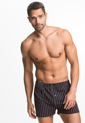 Un caleçon avec un motif rayé multicolore. Le matériau semble lisse ; taille élastique avec le logo de la marque à l'avant ; coupe décontractée.