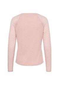 Lichtroze shirt met lange mouwen, met gestructureerde, patroonmouwen en een gladde body. Heeft een ronde hals en een aansluitend ontwerp.