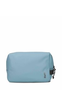 Rechthoekige blauwe cosmetica tas gemaakt van glad materiaal, met een bovenste rits en zwarte hardware aan de zijkant. Compact ontwerp, minimalistische details.