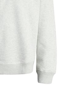 Sweatshirt gris clair avec une texture lisse, des poignets et un ourlet côtelés. Il présente un design décontracté avec des détails de couture minimaux.