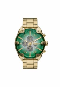 Reloj de acero inoxidable dorado con esfera de gradiente verde. Cuenta con tres subesferas, acentos dorados y una pantalla de fecha en la posición de las 4 en punto.