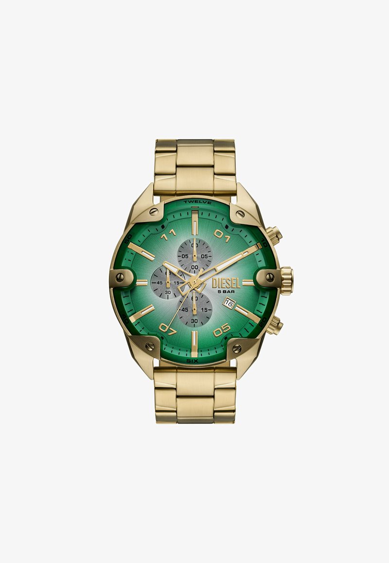 Orologio in acciaio inossidabile dorato con quadrante verde sfumato. Presenta tre sotto-quadranti, dettagli dorati e display della data in posizione delle 4.