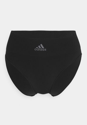 Black high-waisted briefs with a smooth texture. Features a gray Adidas logo on the front. Seamless construction for comfort and fit.