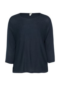 Dunkelblaues Strickpullover mit weitem Ausschnitt, Dreiviertelärmeln und lässiger Passform. Verfügt über einen gerippten Saum und eine weiche Stofftextur.