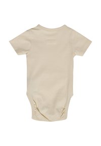 Bodysuit z krótkim rękawem w jasnym beżu, z okrągłym dekoltem i zgromadzonymi wykończeniami nogawek dla dopasowania, wykonany z miękkiej bawełny.