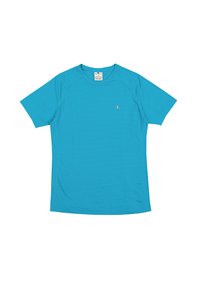 Maglietta atletica turquoise a maniche corte con finitura testurizzata. Presenta un collo girocollo e un piccolo logo sul lato sinistro del petto.