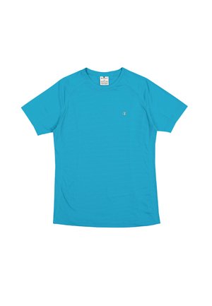 Turquoise short-sleeve athletic shirt with a textured finish. Features a crew neckline and a small logo on the left chest.