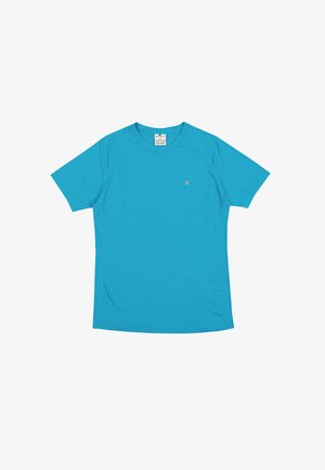 Türkisfarbenes, kurzärmliges Sportshirt mit strukturiertem Finish. Verfügt über einen Rundhalsausschnitt und ein kleines Logo auf der linken Brust.