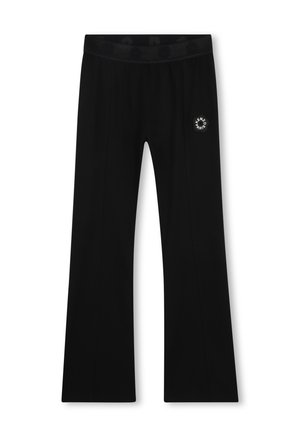 Pantalon noir à jambes larges avec taille élastique et petit logo circulaire blanc Kenzo Paris sur la cuisse gauche supérieure.
