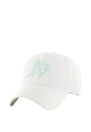 White baseball cap with light green embroidered "A's" logo and "47" tag. Features a structured crown and curved visor. Made from textured fabric.