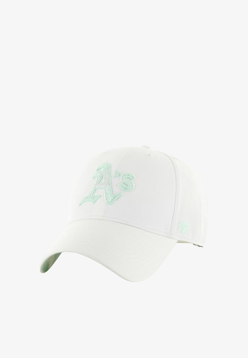 White baseball cap with light green embroidered "A's" logo and "47" tag. Features a structured crown and curved visor. Made from textured fabric.