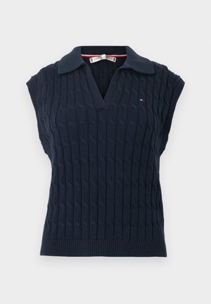 Maglione a polo in maglia blu navy con scollo a V, maniche corte a cappuccio, orlo a coste e motivo a treccia testurizzato con piccolo logo.