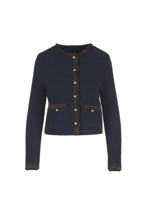Navy blue knitted cardigan with long sleeves, featuring a fringed brown trim, gold-tone buttons, and two front pockets.