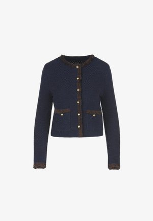 Cardigan in maglina blu navy con maniche lunghe, caratterizzato da una finitura frangiata marrone, bottoni dorati e due tasche frontali.