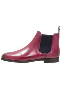 Kožené kotníkové boty v lesklé burgundské barvě s černým elastickým postranním panelem, poutkem a nízkým černým podpatkem.