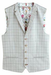 Light gray vest with a subtle plaid pattern, featuring a floral-patterned inner lining, six buttons, and side pockets.
