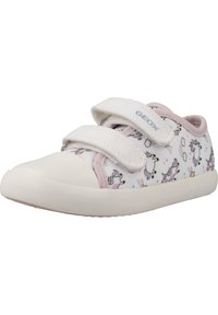 Scarpe in tessuto bianco con motivo unicorno, dettagli rosa e due cinturini in Velcro; suola in gomma con design della punta arrotondata.