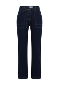 Pantaloni in denim blu scuro con gamba dritta, dotati di tasche anteriori, chiusura con bottone e cuciture a contrasto.