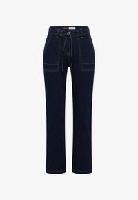 Pantalones de denim azul oscuro con pierna recta, que cuentan con bolsillos delanteros, cierre de botón y costuras en contraste.