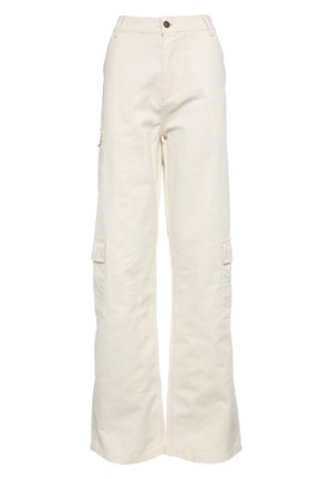 Pantaloni cargo bej cu picioare largi, fabricați din bumbac, cu multiple buzunare laterale, închidere cu buton și un finisaj neted, texturat.