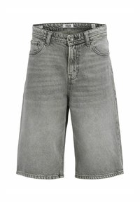 Sivé denim šortky s uvoľneným strihom, piatimi vreckami a zapínaním na gombík. Zničená textúra a jemné vyblednutie zvýrazňujú dizajn.