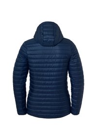 Mørkeblå pufferjakke med en quiltet design, som har hætte og glat, let skinnende tekstur. Bagfra ses en tætsiddende silhuet.