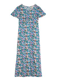 Robe florale avec un col rond, des manches courtes et une longueur juste au-dessus du genou. Fabriquée dans un tissu léger avec des motifs de feuilles et de fleurs multicolores.