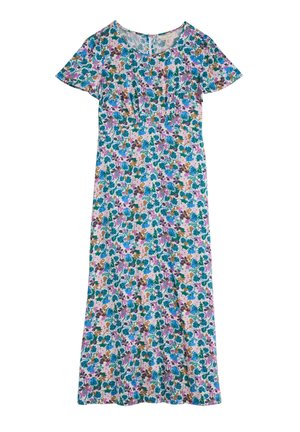 Floral dress featuring a round neckline, short sleeves, and a knee-length hem. Made of light fabric with multicolored leaf and flower patterns.